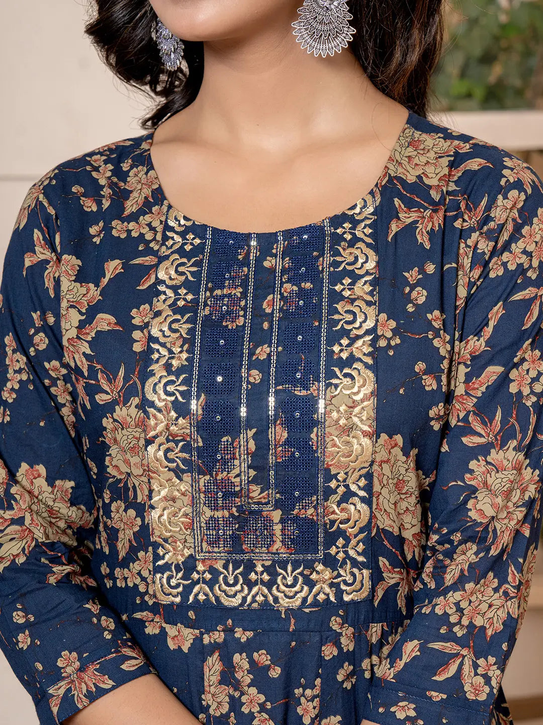 Yufta Cotton Navy Blue Anarkali Dupatta Set