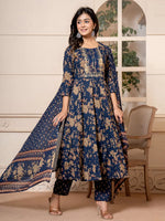 Thumbnail for Yufta Cotton Navy Blue Anarkali Dupatta Set