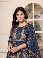 Thumbnail for Yufta Cotton Navy Blue Anarkali Dupatta Set