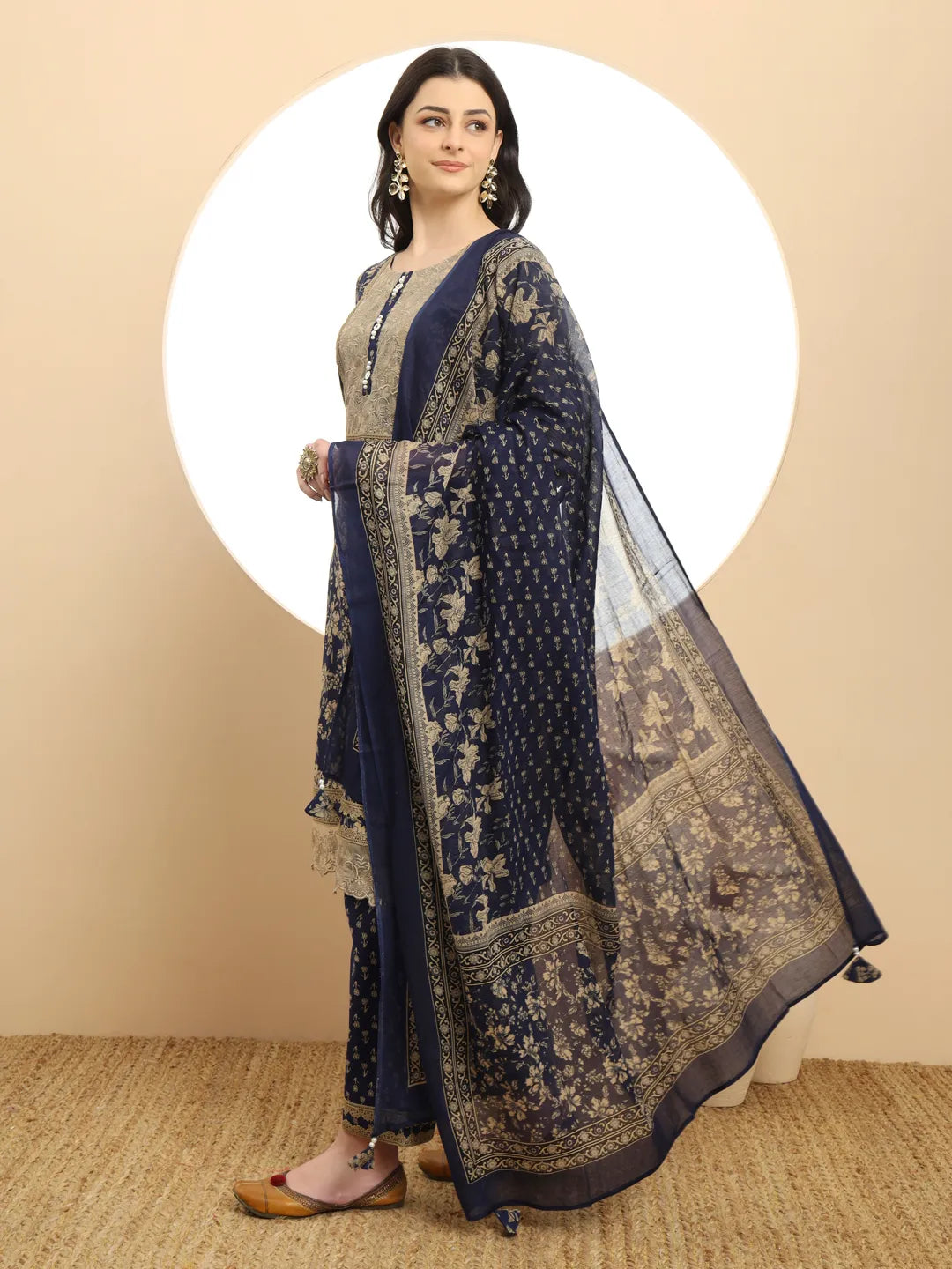 Yufta Cotton Navy Blue Kurta Dupatta Set With Lace Detailing - Distacart