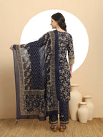 Thumbnail for Yufta Cotton Navy Blue Kurta Dupatta Set With Lace Detailing