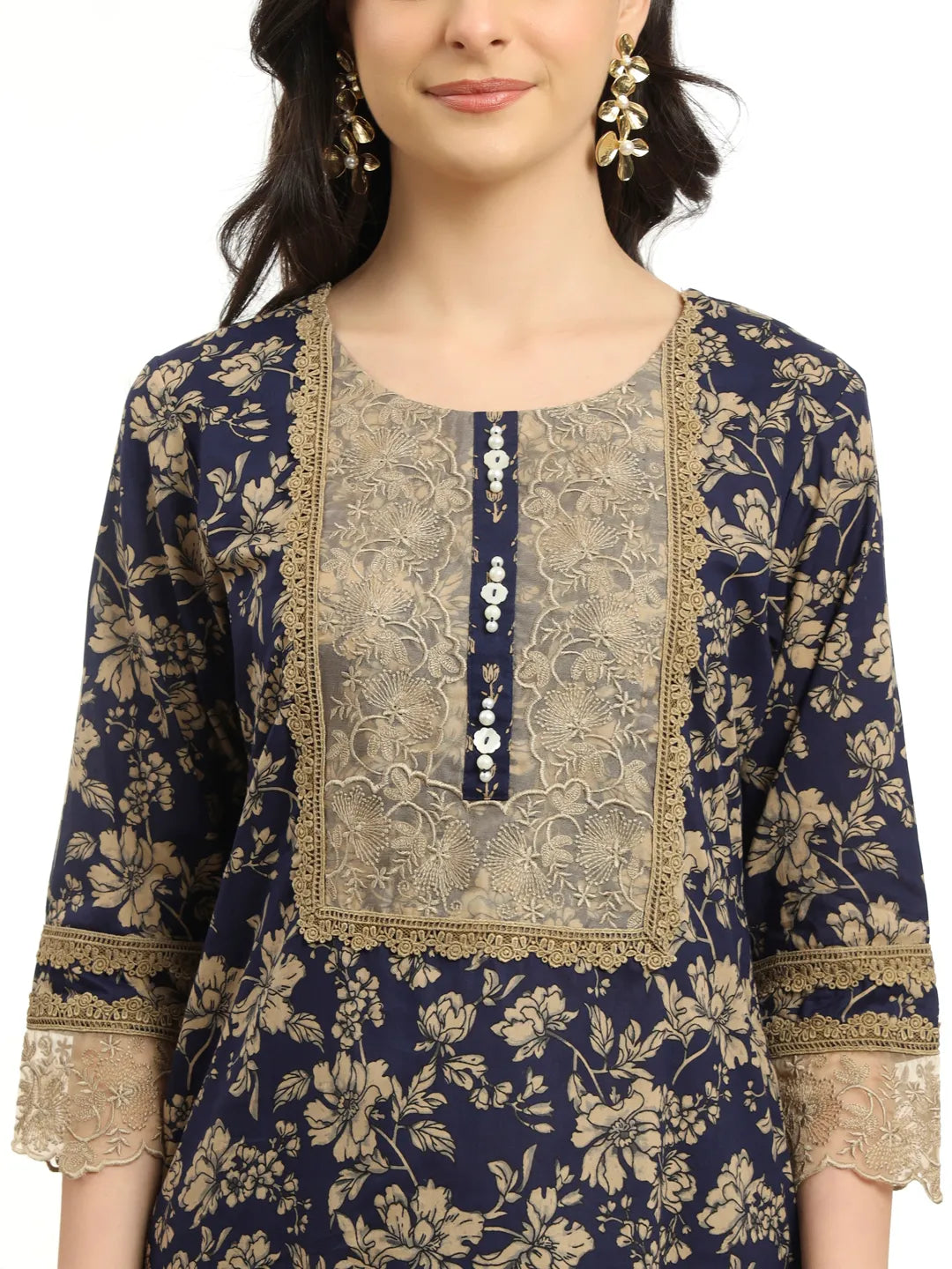 Yufta Cotton Navy Blue Kurta Dupatta Set With Lace Detailing