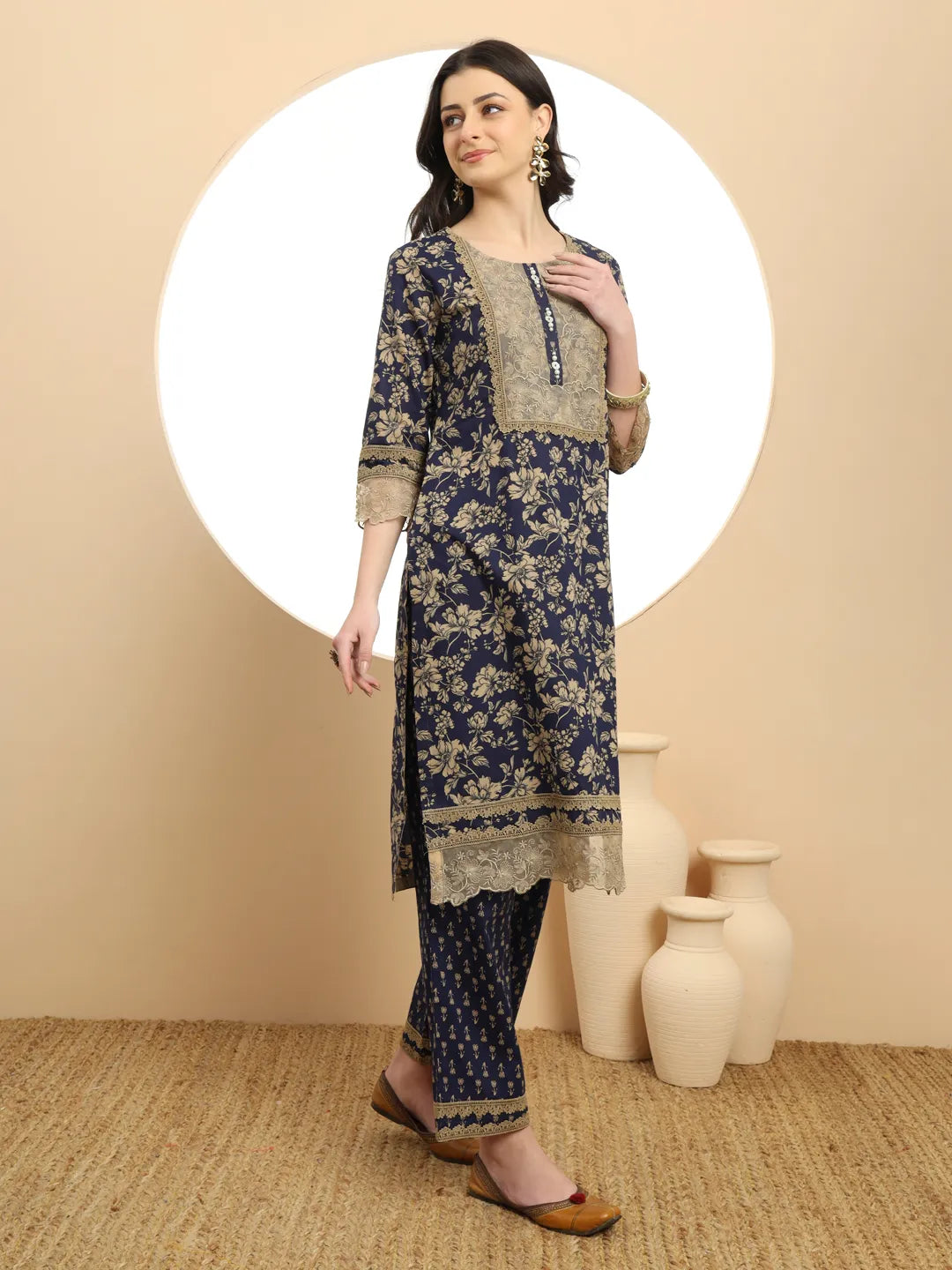 Yufta Cotton Navy Blue Kurta Dupatta Set With Lace Detailing