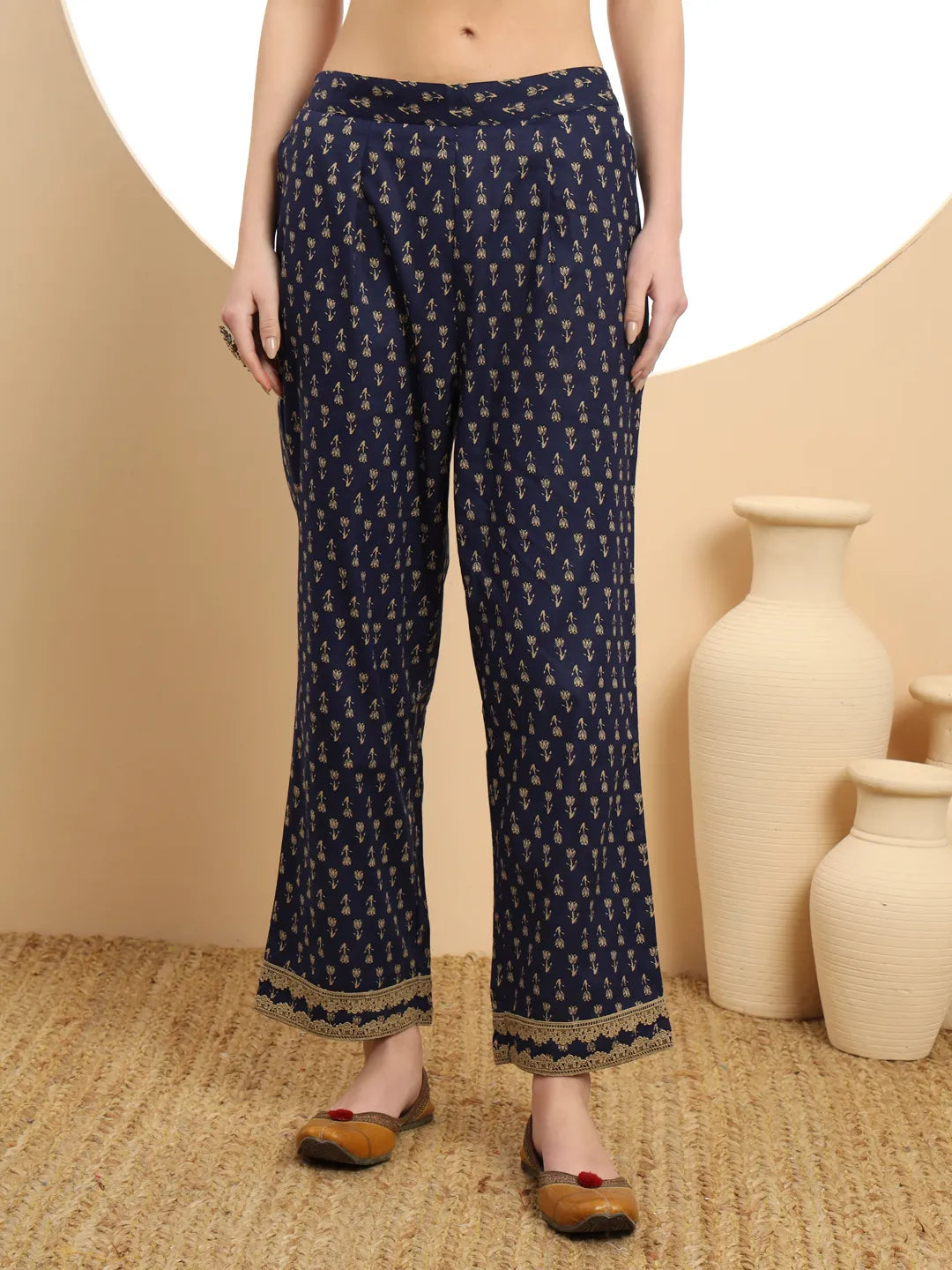 Yufta Cotton Navy Blue Kurta Dupatta Set With Lace Detailing