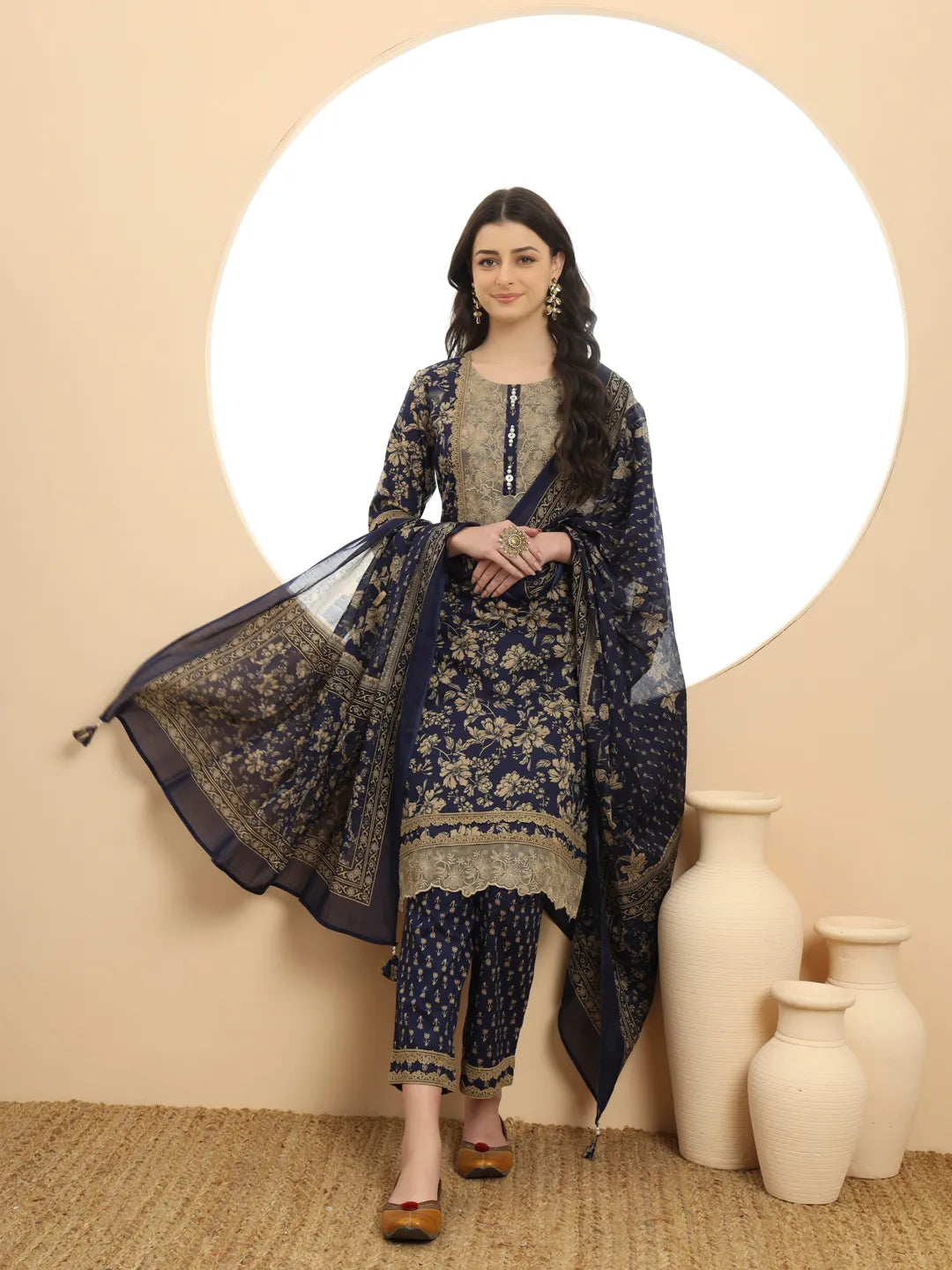 Yufta Cotton Navy Blue Kurta Dupatta Set With Lace Detailing