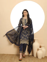 Thumbnail for Yufta Cotton Navy Blue Kurta Dupatta Set With Lace Detailing