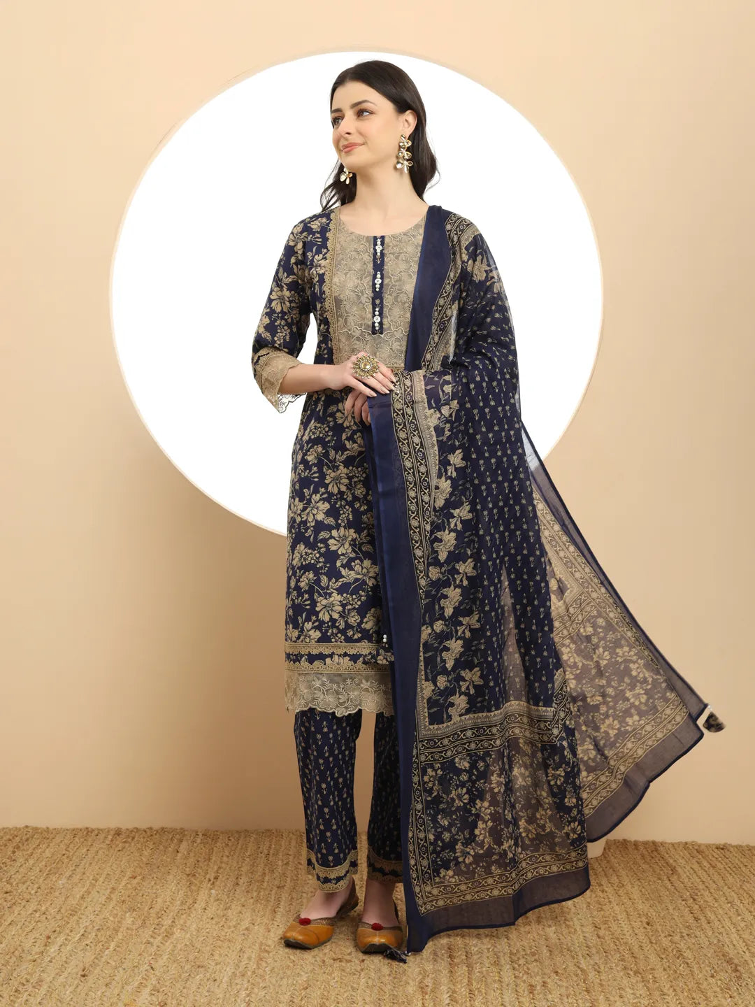 Yufta Cotton Navy Blue Kurta Dupatta Set With Lace Detailing - Distacart