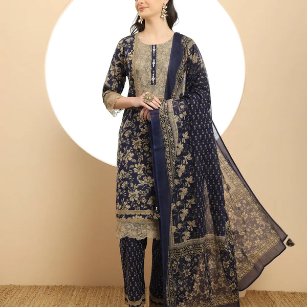 Yufta Cotton Navy Blue Kurta Dupatta Set With Lace Detailing - Distacart