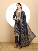 Thumbnail for Yufta Cotton Navy Blue Kurta Dupatta Set With Lace Detailing