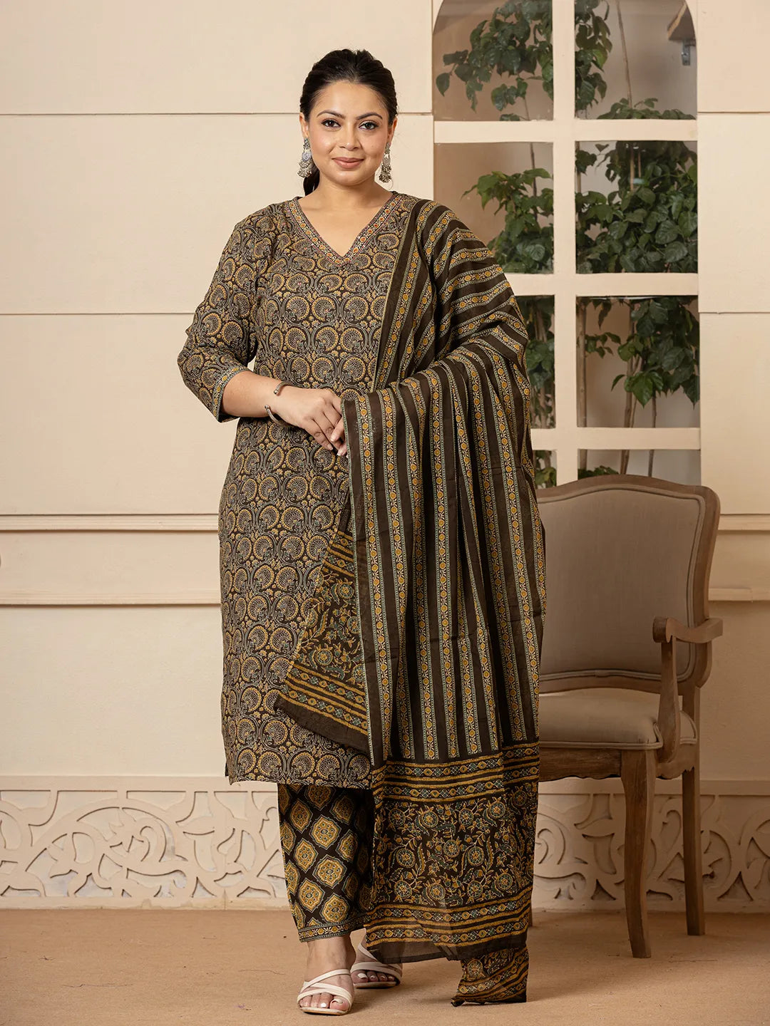Yufta Cotton Olive Ethnic Motifs Plus Size Kurta Dupatta Pant Set - Distacart