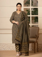 Thumbnail for Yufta Cotton Olive Ethnic Motifs Plus Size Kurta Dupatta Pant Set - Distacart