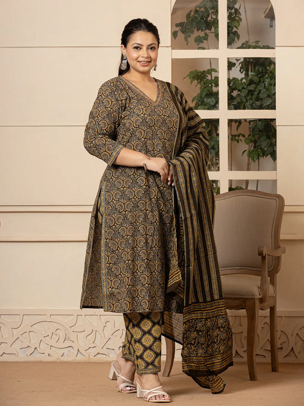Yufta Cotton Olive Ethnic Motifs Plus Size Kurta Dupatta Pant Set - Distacart