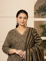 Thumbnail for Yufta Cotton Olive Ethnic Motifs Plus Size Kurta Dupatta Pant Set - Distacart