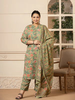 Thumbnail for Yufta Cotton Olive Floral Print Plus Size Kurta Dupatta Pant Set - Distacart