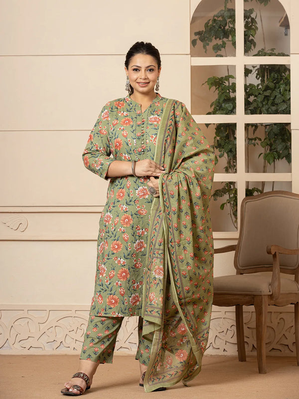 Yufta Cotton Olive Floral Print Plus Size Kurta Dupatta Pant Set - Distacart