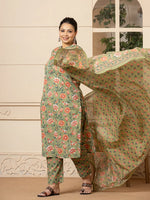 Thumbnail for Yufta Cotton Olive Floral Print Plus Size Kurta Dupatta Pant Set - Distacart