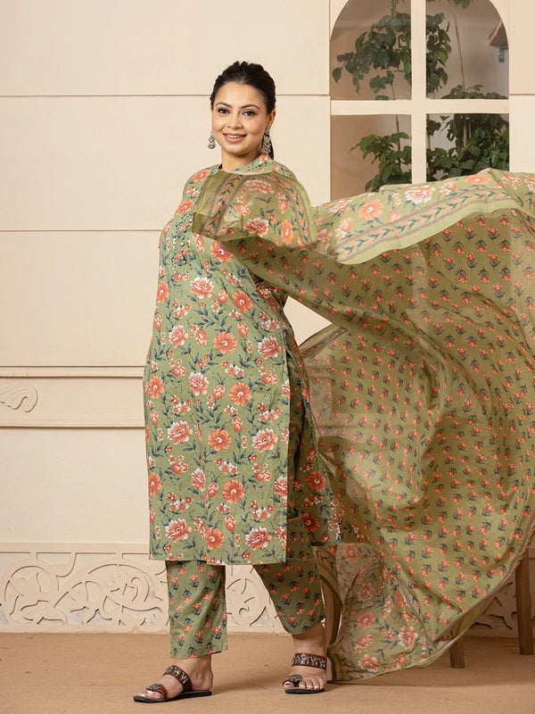 Yufta Cotton Olive Floral Print Plus Size Kurta Dupatta Pant Set - Distacart