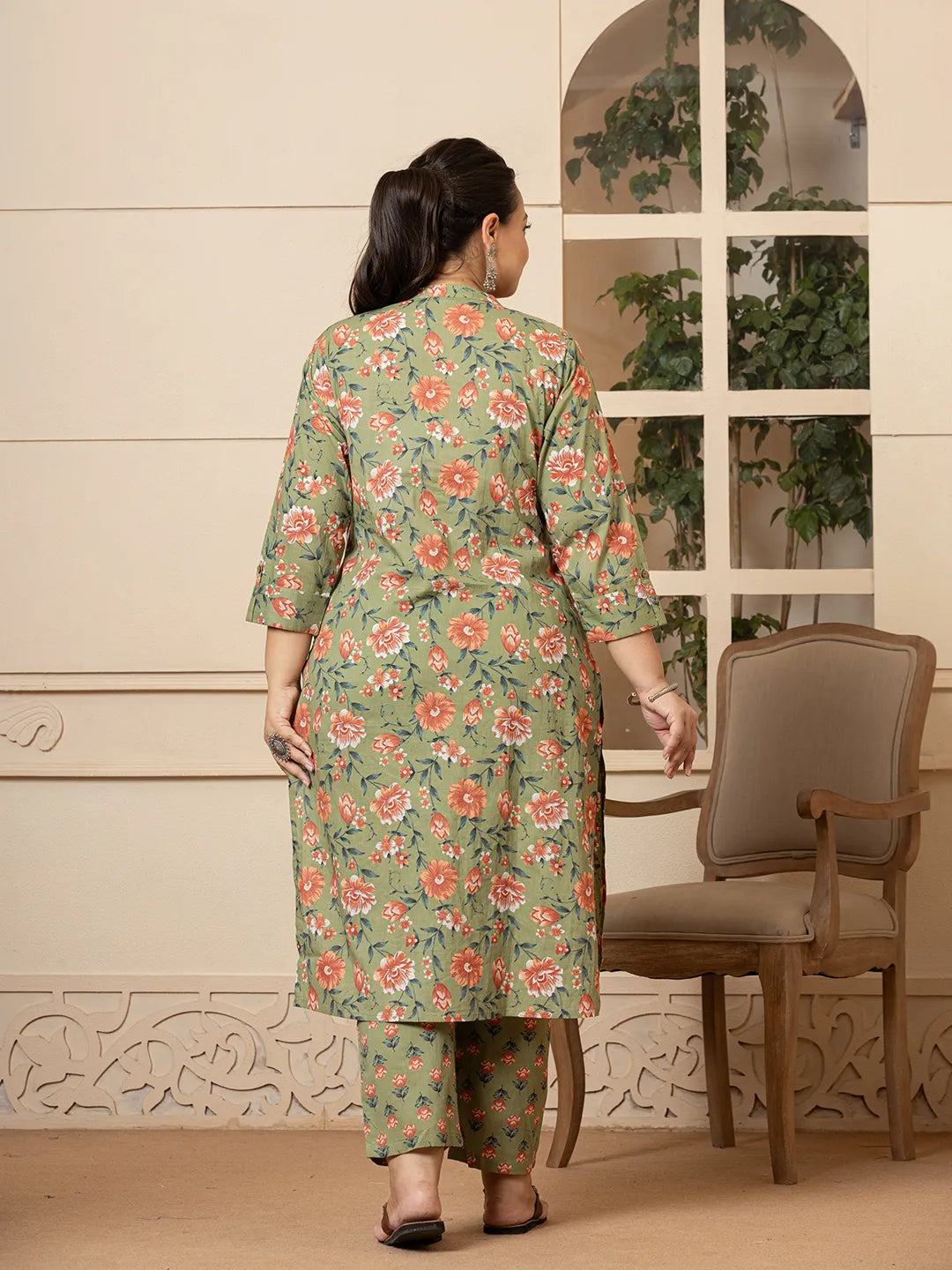 Yufta Cotton Olive Floral Print Plus Size Kurta Dupatta Pant Set - Distacart
