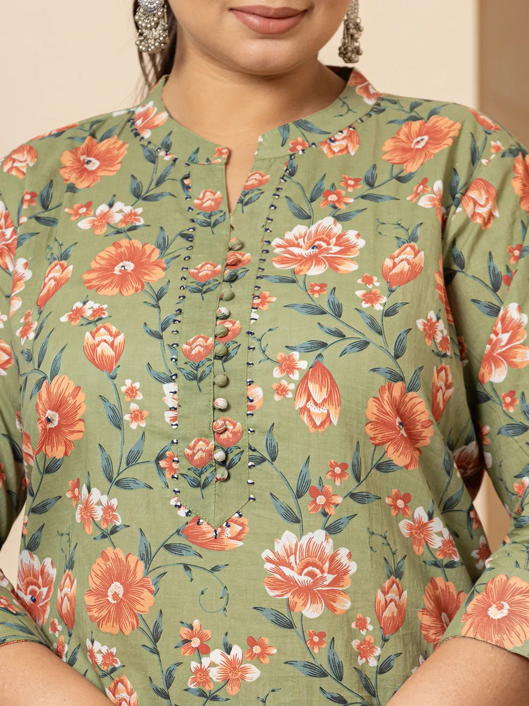 Yufta Cotton Olive Floral Print Plus Size Kurta Dupatta Pant Set - Distacart