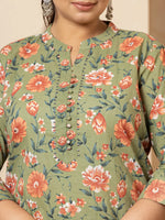 Thumbnail for Yufta Cotton Olive Floral Print Plus Size Kurta Dupatta Pant Set - Distacart