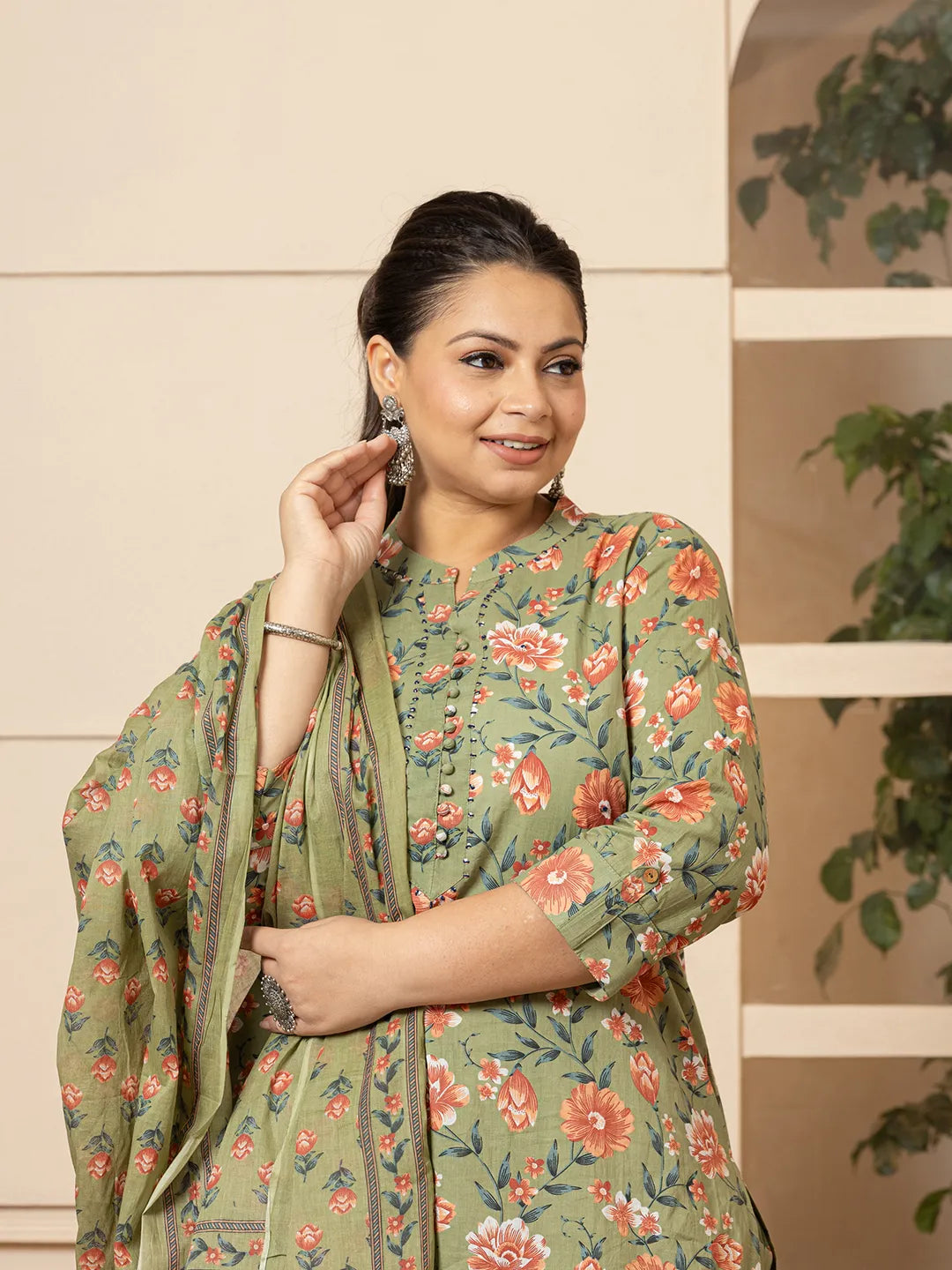 Yufta Cotton Olive Floral Print Plus Size Kurta Dupatta Pant Set - Distacart