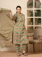 Thumbnail for Yufta Cotton Olive Floral Print Plus Size Kurta Dupatta Pant Set - Distacart