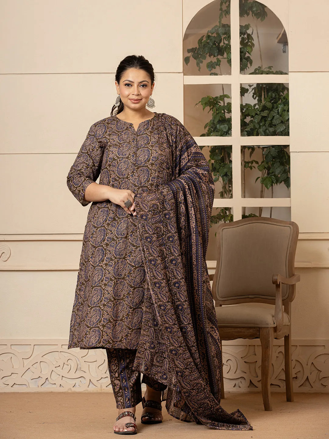 Yufta Cotton Olive Paisley Print Plus Size Kurta Dupatta Set - Distacart