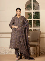 Thumbnail for Yufta Cotton Olive Paisley Print Plus Size Kurta Dupatta Set - Distacart