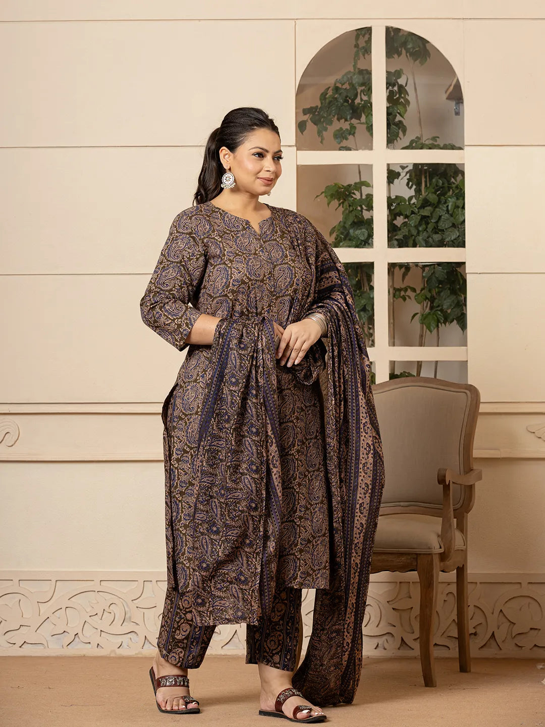 Yufta Cotton Olive Paisley Print Plus Size Kurta Dupatta Set - Distacart