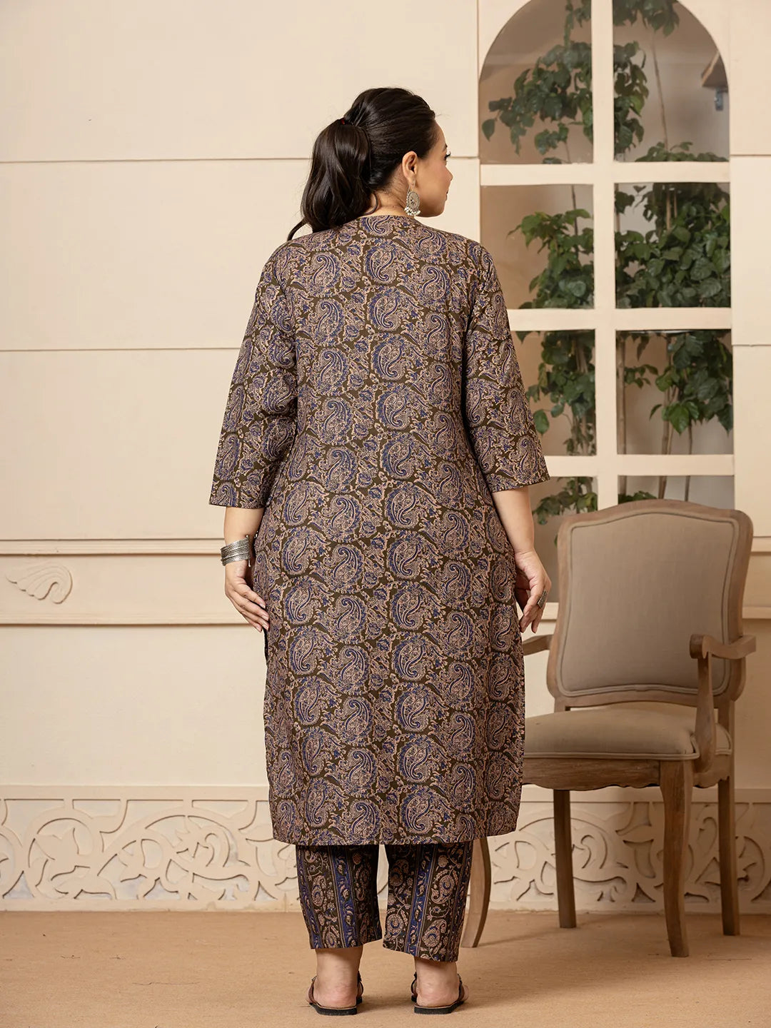 Yufta Cotton Olive Paisley Print Plus Size Kurta Dupatta Set - Distacart