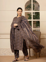 Thumbnail for Yufta Cotton Olive Paisley Print Plus Size Kurta Dupatta Set - Distacart