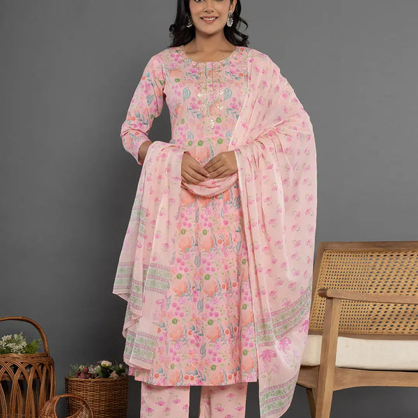 Yufta Cotton Peach Kurta Dupatta Pant Set - Distacart