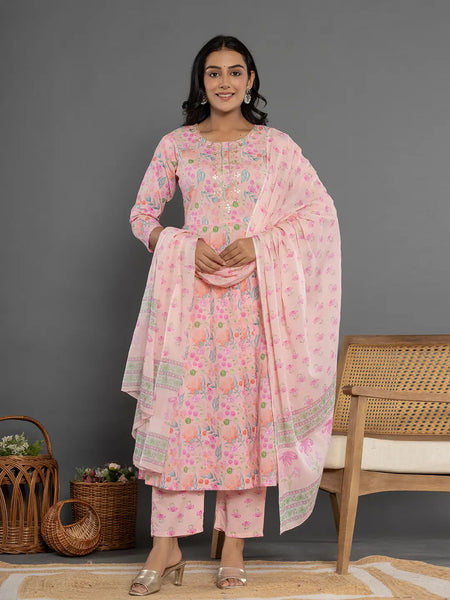 Yufta Cotton Peach Kurta Dupatta Pant Set