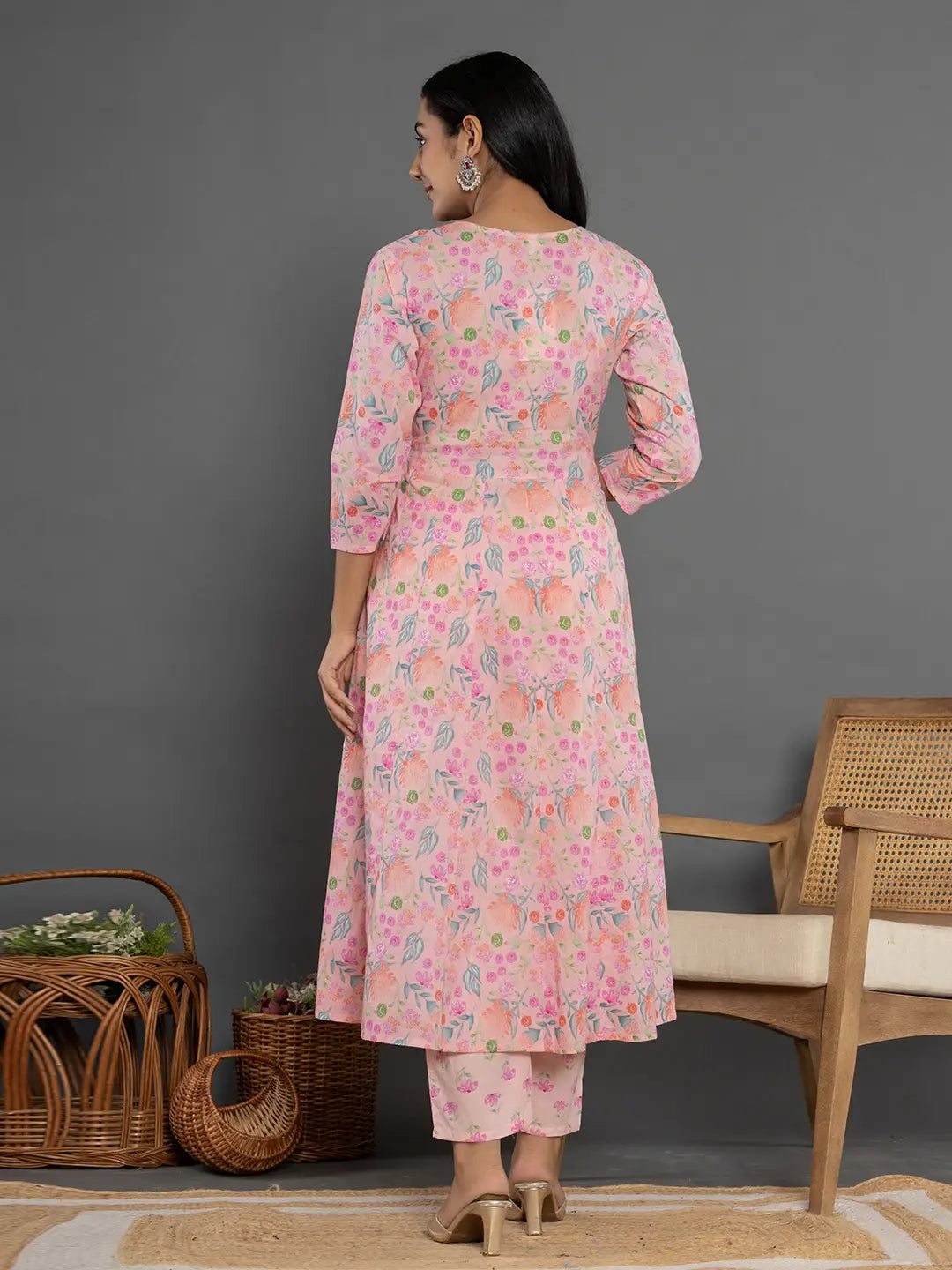 Yufta Cotton Peach Kurta Dupatta Pant Set