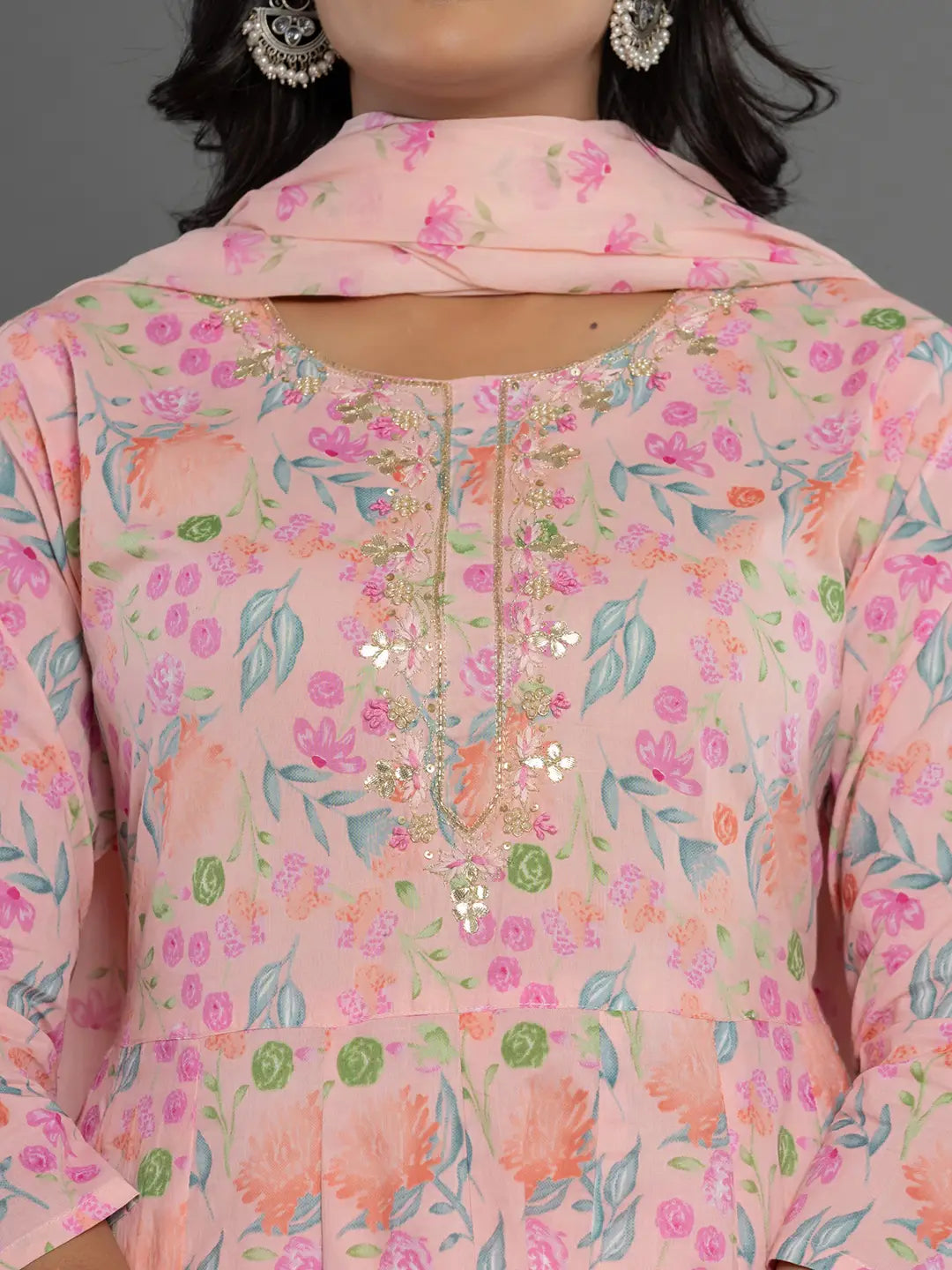 Yufta Cotton Peach Kurta Dupatta Pant Set