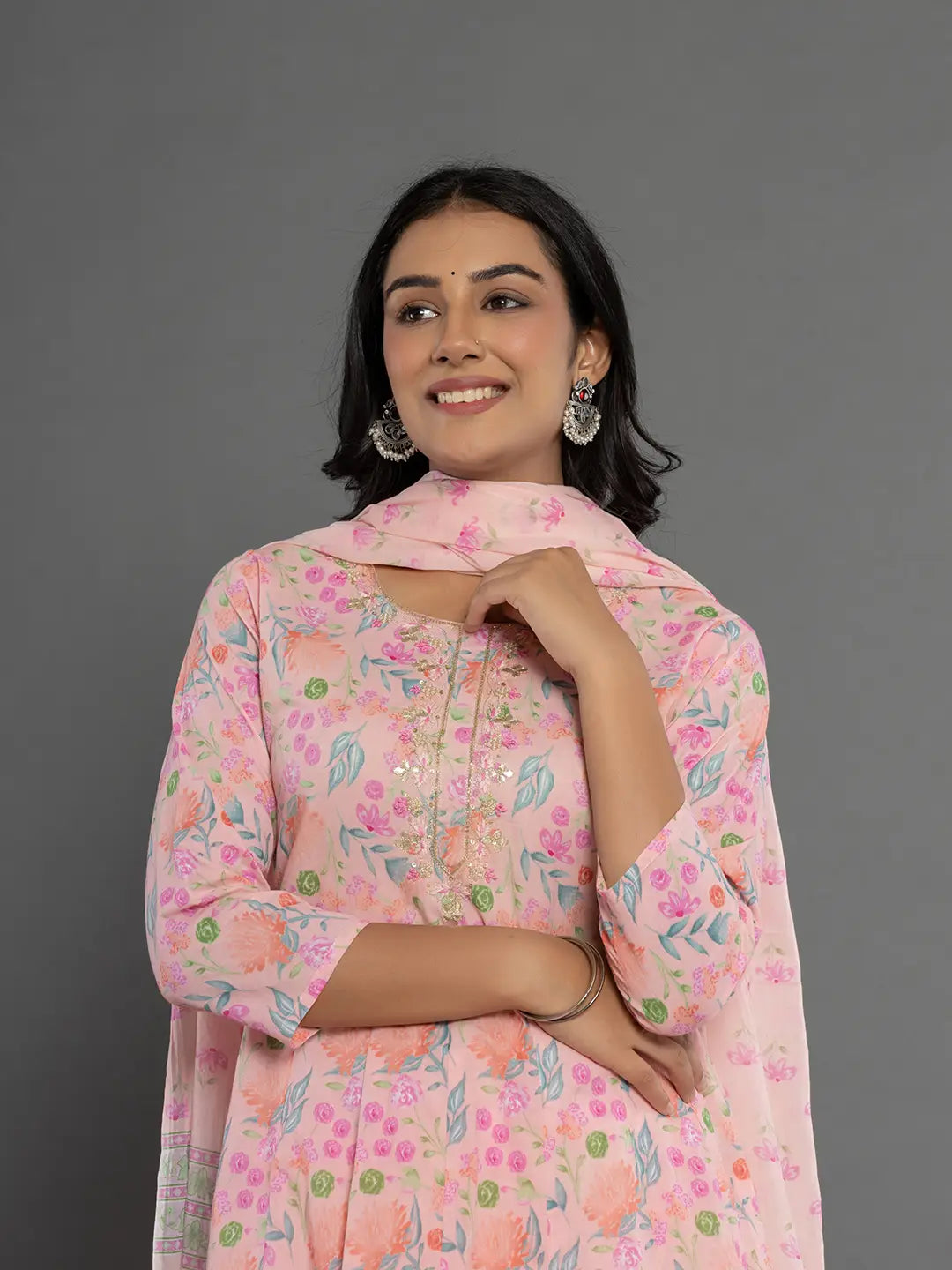 Yufta Cotton Peach Kurta Dupatta Pant Set