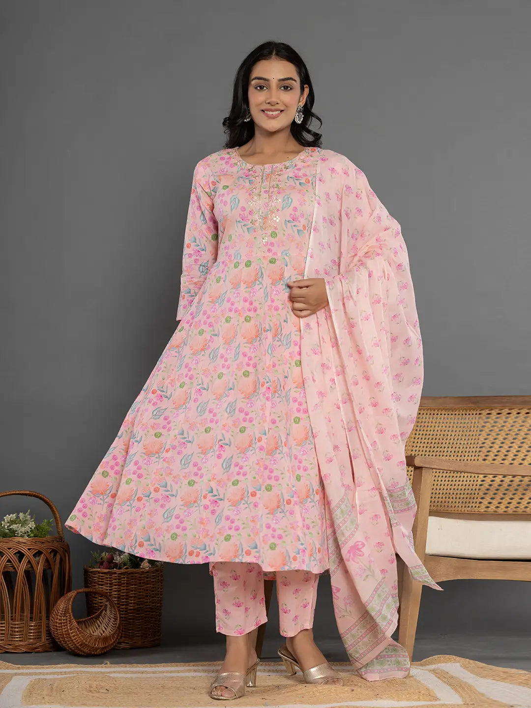 Yufta Cotton Peach Kurta Dupatta Pant Set