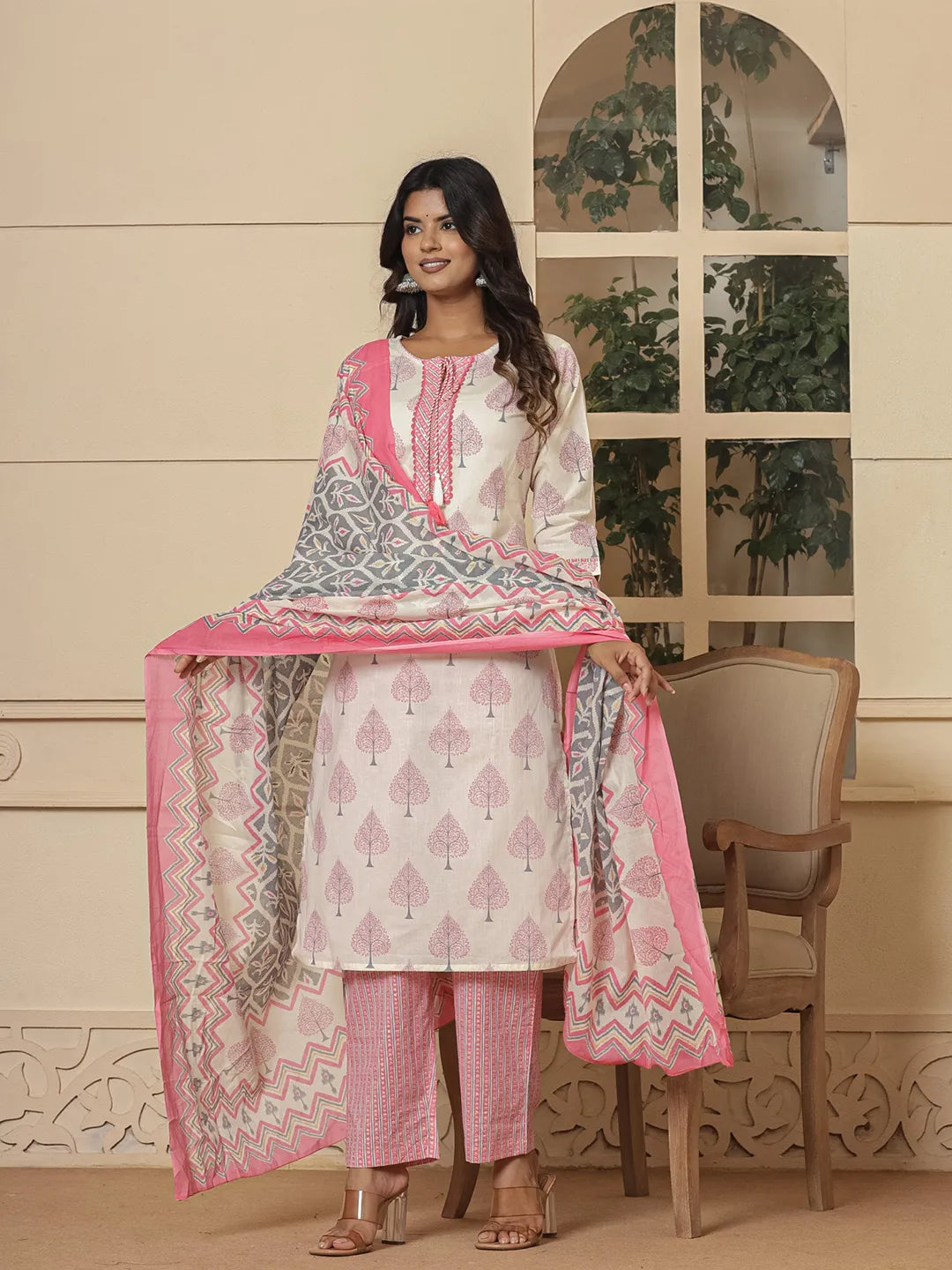 Yufta Cotton Pink And White Kurta Dupatta Set - Distacart
