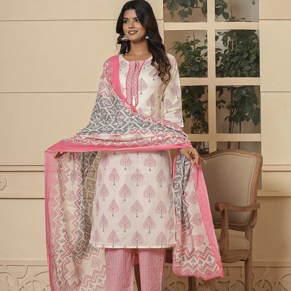 Yufta Cotton Pink And White Kurta Dupatta Set - Distacart