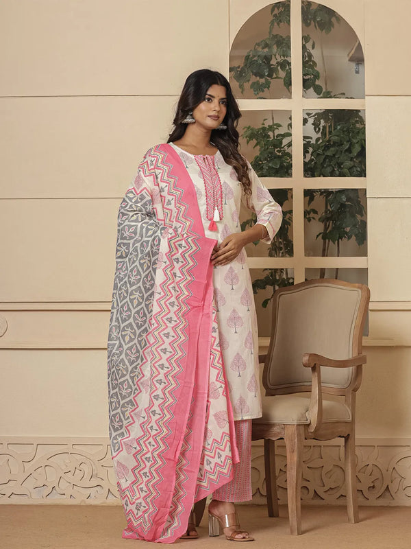 Yufta Cotton Pink And White Kurta Dupatta Set