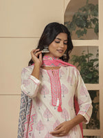 Thumbnail for Yufta Cotton Pink And White Kurta Dupatta Set