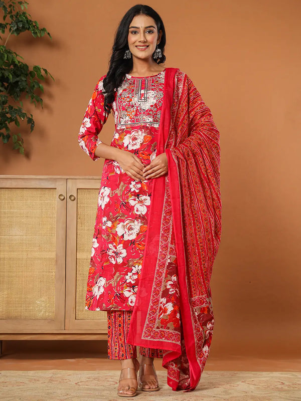 Yufta Cotton Pink Embroidered Kurta Dupatta Set