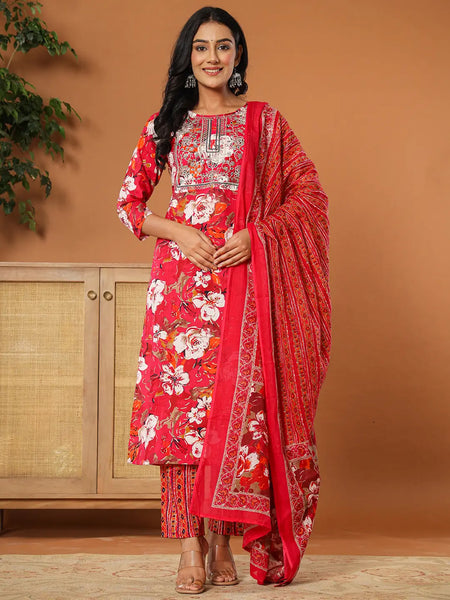 Yufta Cotton Pink Embroidered Kurta Dupatta Set