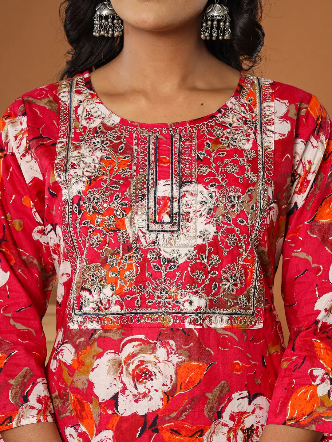 Yufta Cotton Pink Embroidered Kurta Dupatta Set