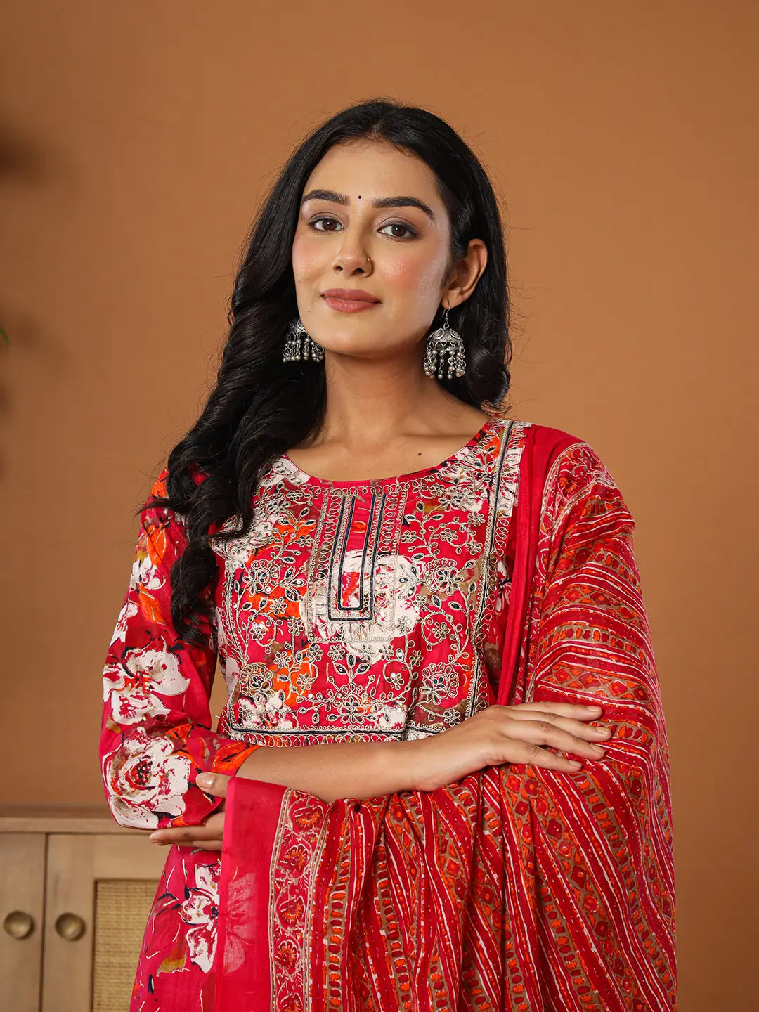 Yufta Cotton Pink Embroidered Kurta Dupatta Set
