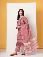 Thumbnail for Yufta Cotton Pink Kurta Dupatta Set With Lace Detailing