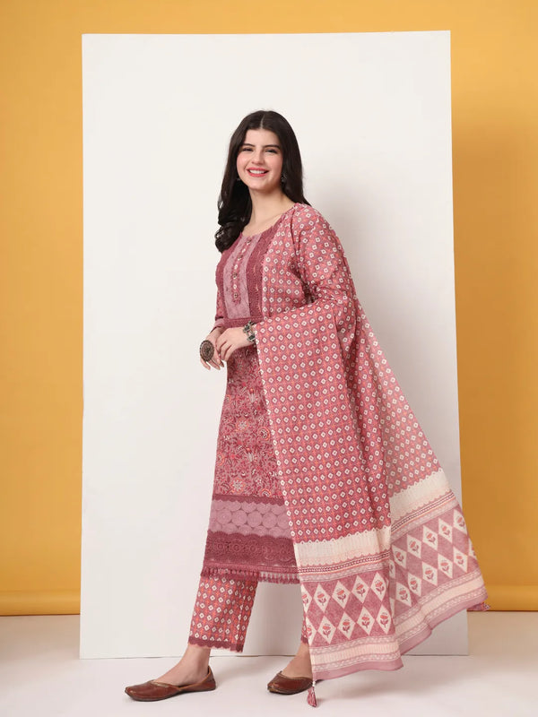 Yufta Cotton Pink Kurta Dupatta Set With Lace Detailing