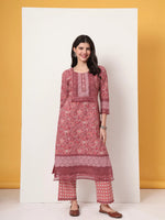 Thumbnail for Yufta Cotton Pink Kurta Dupatta Set With Lace Detailing