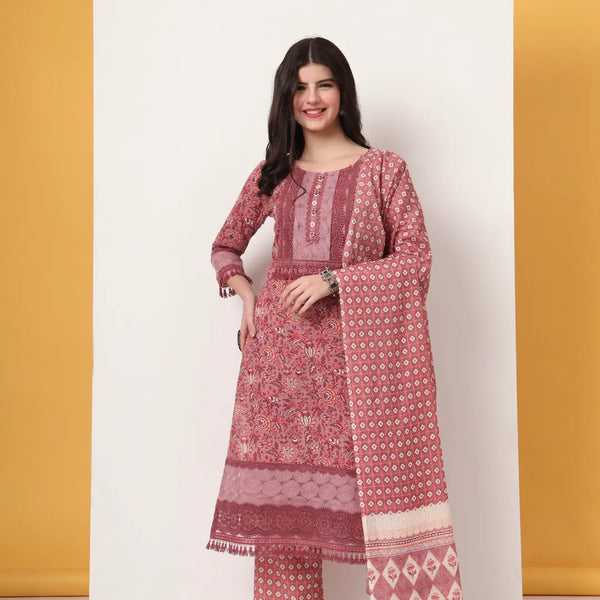 Yufta Cotton Pink Kurta Dupatta Set With Lace Detailing - Distacart
