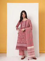 Thumbnail for Yufta Cotton Pink Kurta Dupatta Set With Lace Detailing